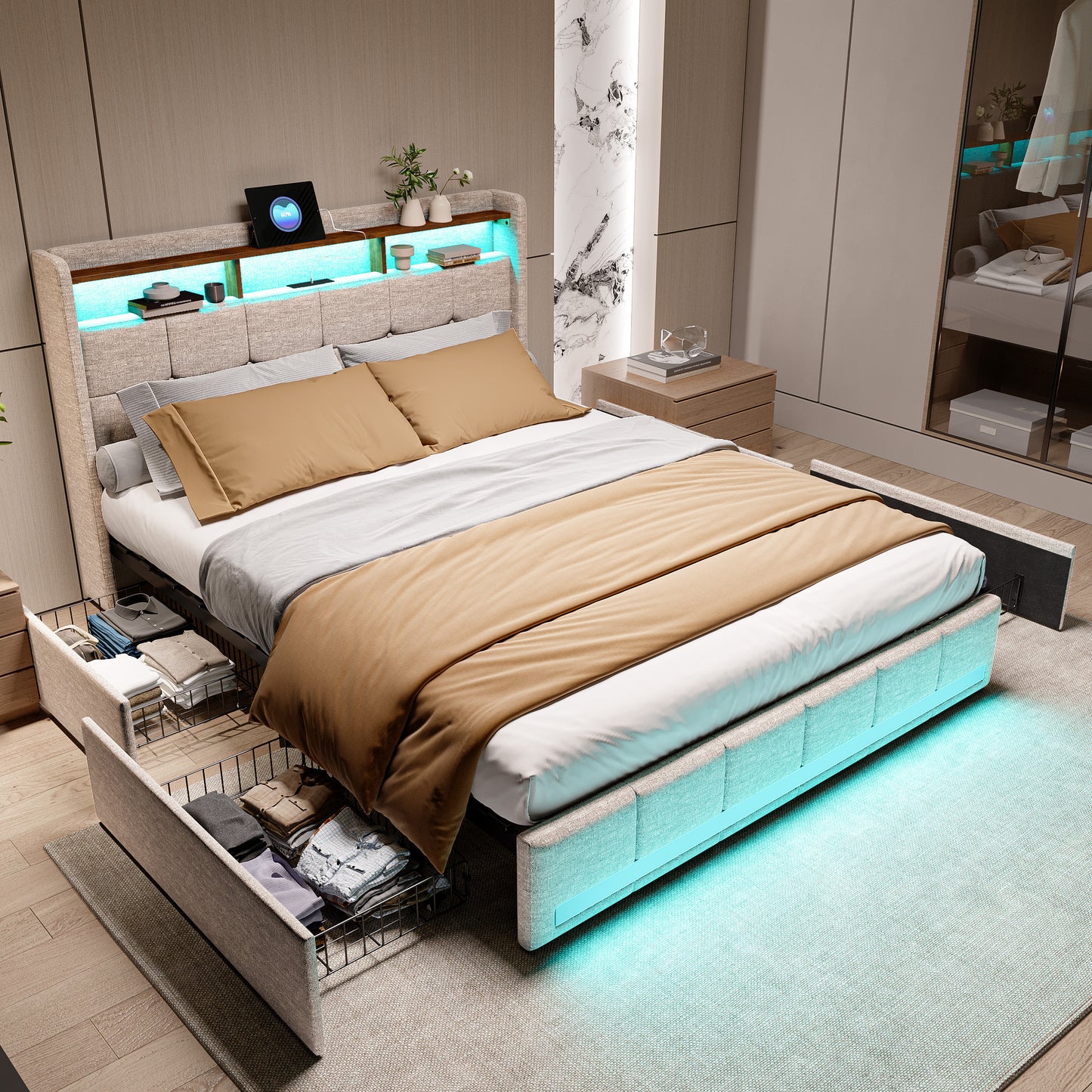 Double Bed with Storage, LED Lighting, 4 Drawers, Storage Function, USB Charging, Quick Assembly, Metal And Linen Bed Frame, Classic, for Adults, Ideal for 8Mj4Txd Bedroom.