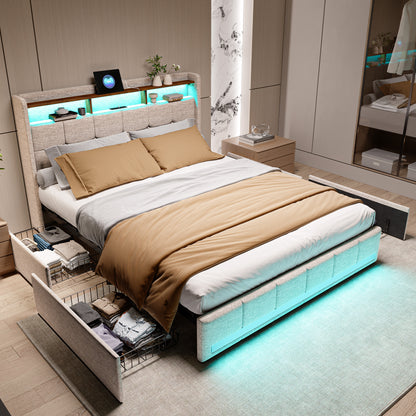 Double Bed with Storage, LED Lighting, 4 Drawers, Storage Function, USB Charging, Quick Assembly, Metal And Linen Bed Frame, Classic, for Adults, Ideal for 8Mj4Txd Bedroom.