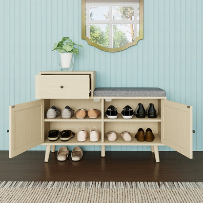 Schoenenbank – Schoenenkast – Schoenenrek – Opbergbank – Halbank – Bohemian Stijl – Rieten Deurtjes – Natuurlijke Houtlook – 3,2 Kuub Opbergruimte – 68,58 cm Hoog