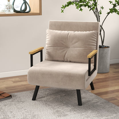 Slaapstoel – Slaapbank – Fauteuil – Vouwbed – Zetelbed – 3-in-1 Functioneel Design – Verstelbare Rugleuning & Eikenhouten Armleuningen – Beige Fluweel