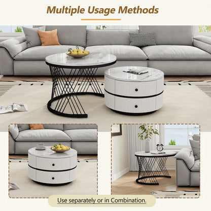 Salontafel Set – Koffietafel Set – Bijzettafel Set – Nestbare Tafels – Ronde Salontafels – Hoogglans Marmerlook – 2 Drawers – 60x60 & 50x50 cm - Wit