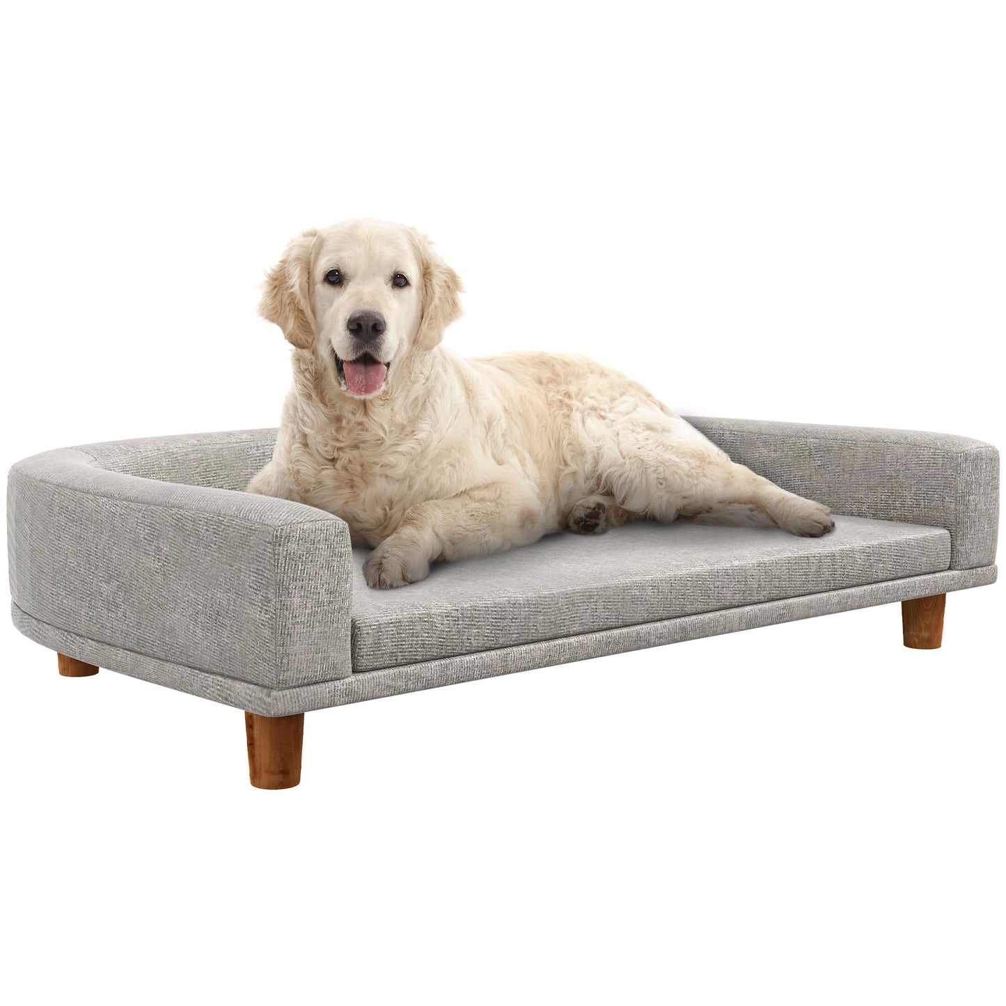 Hondenmand – Hondenbed – Hondenbank – Hondenkussen – Hondenligbed – Scandinavisch Design – Wasbare Afneembare Kussenhoes – Stevige Houten Poten – Grijs – 98x67x25 cm