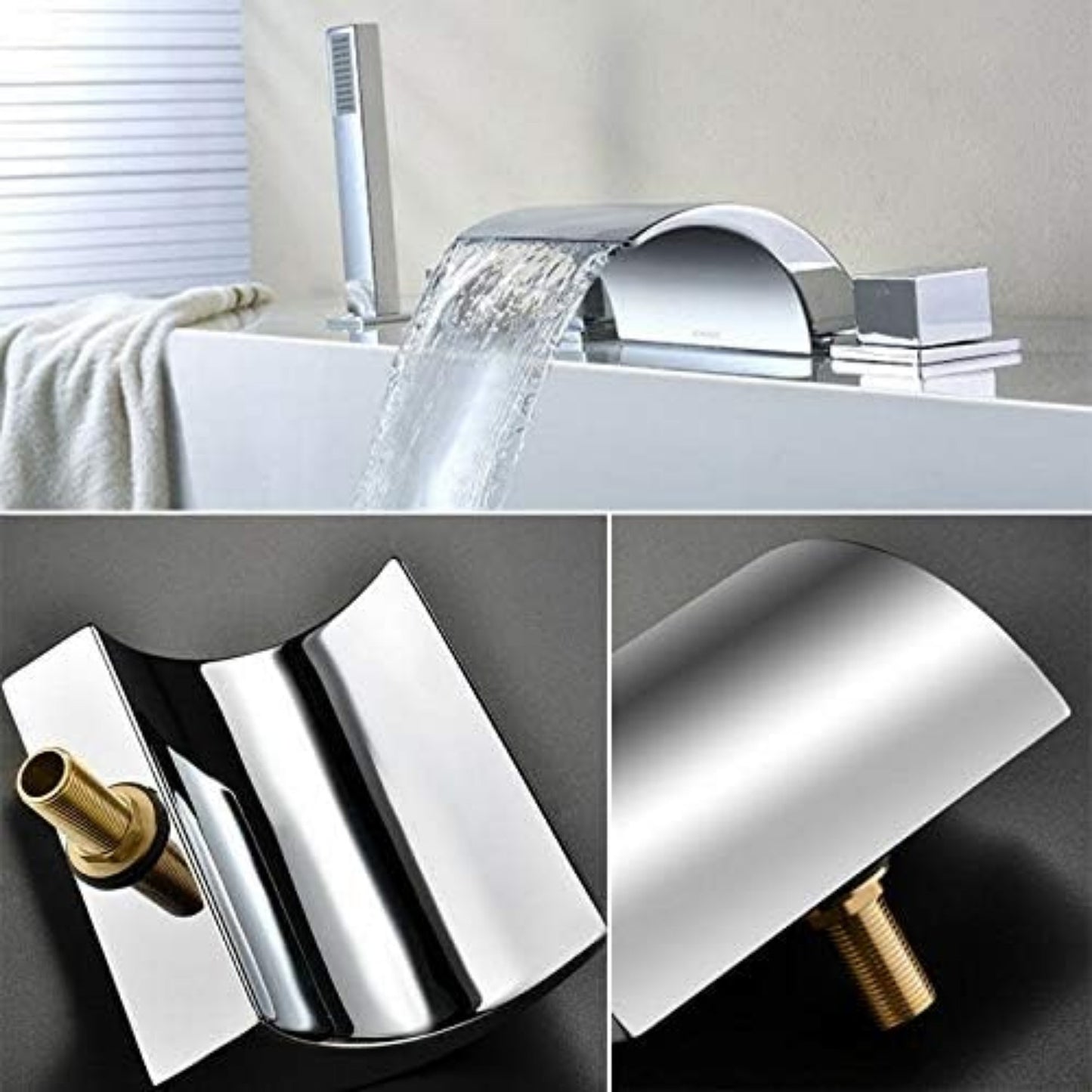 Quiltern Modern Waterfall Bath Faucet - Edge Mount 5-Hole Installation for 1/2" Hose, Brass & Chrome Bathroom Sink/Fixture with Spiral Drain & Valve