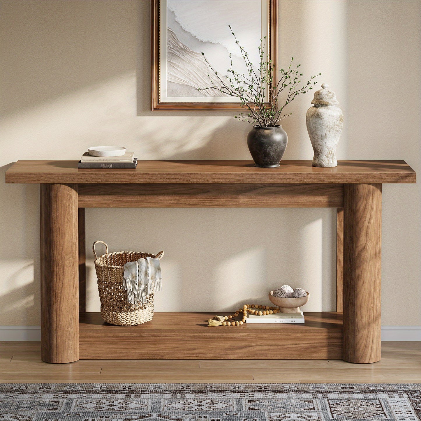 Console Tafel – Sofa Tafel – Sidetable – Haltafel – Accenttafel – 160 cm – U-Vormige Grijze Basis – Vintage Brown & Gray – Houten 2-Lagen – Landelijk Design