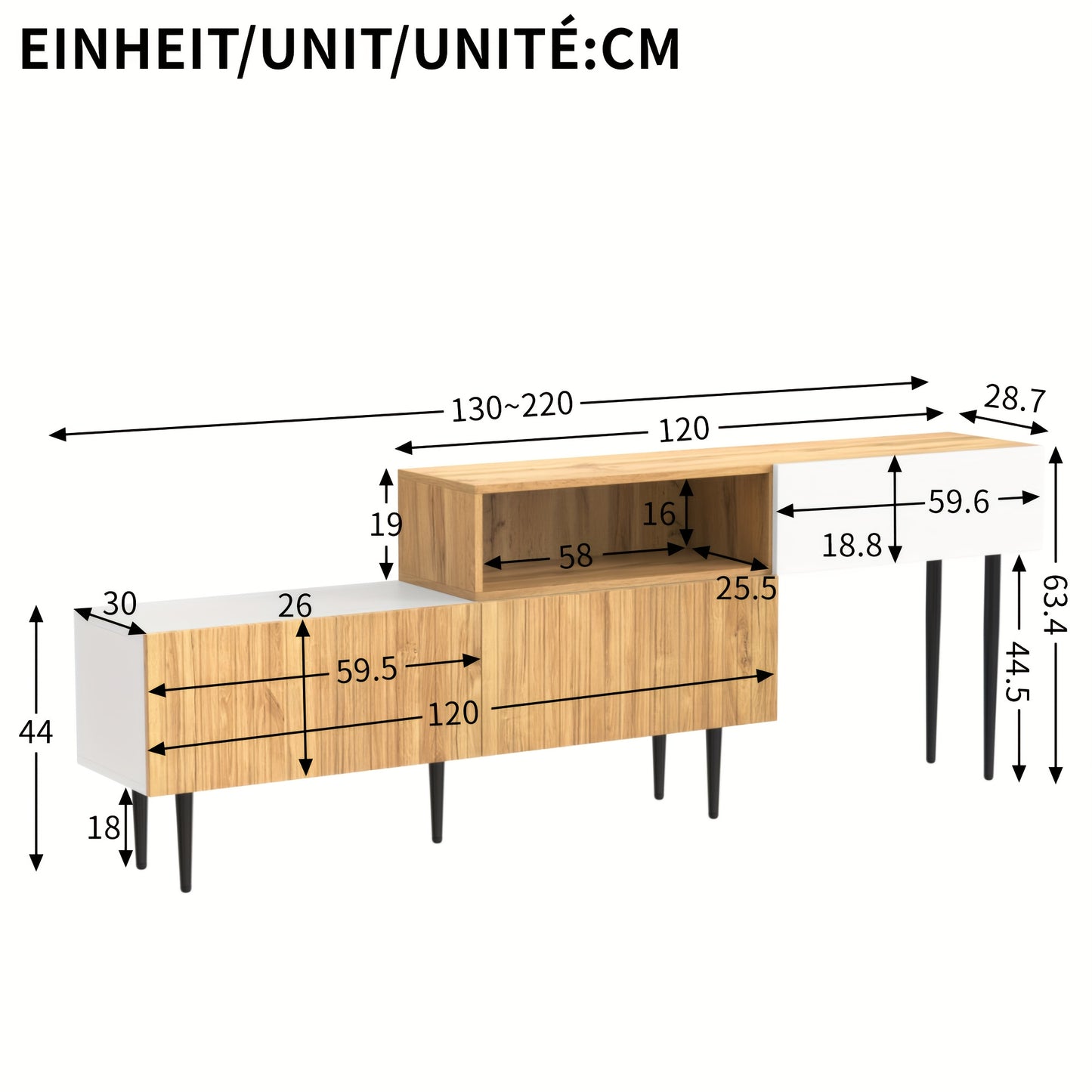 Tv-meubel – TV-kast – TV-dressoir – TV-meubels – TV-kasten – Modulair Twee-delig Ontwerp – Verstelbare Lengte – Zwarte Metalen Poten