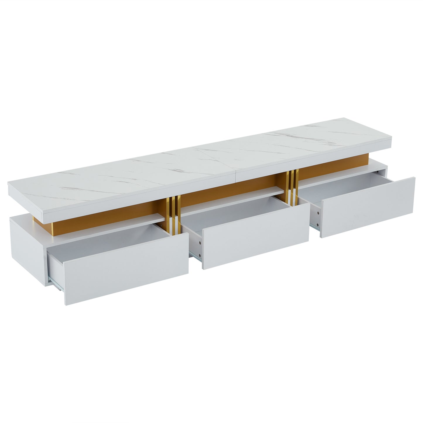 Modern TV-meubel – Tv-meubel – Lowboard – Tv-kast – Mediameubel – Marmerlook – 3 Laden – Kabeldoorvoer – Geschikt voor TV’s tot 90 inch – Wit-Goud
