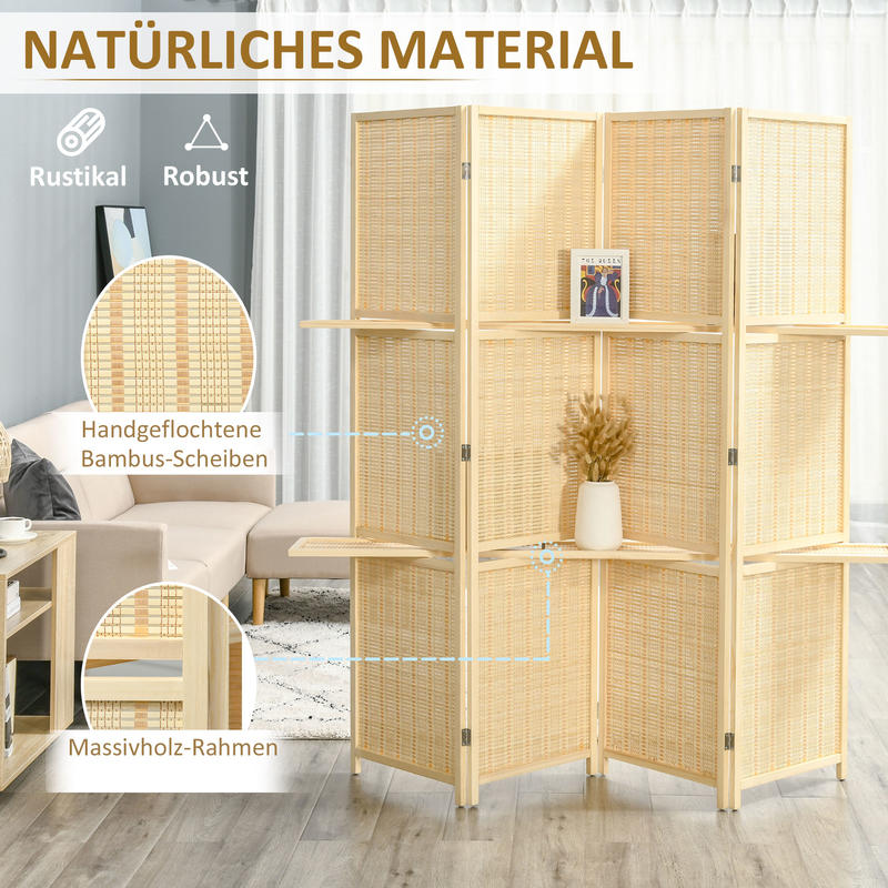Kamerscherm – Roomdivider – Scheidingswand – Paravent – Kamerscheiding – Bamboe – 2 Planken – Opvouwbaar – Voetbeschermers – Natuurlijk Design