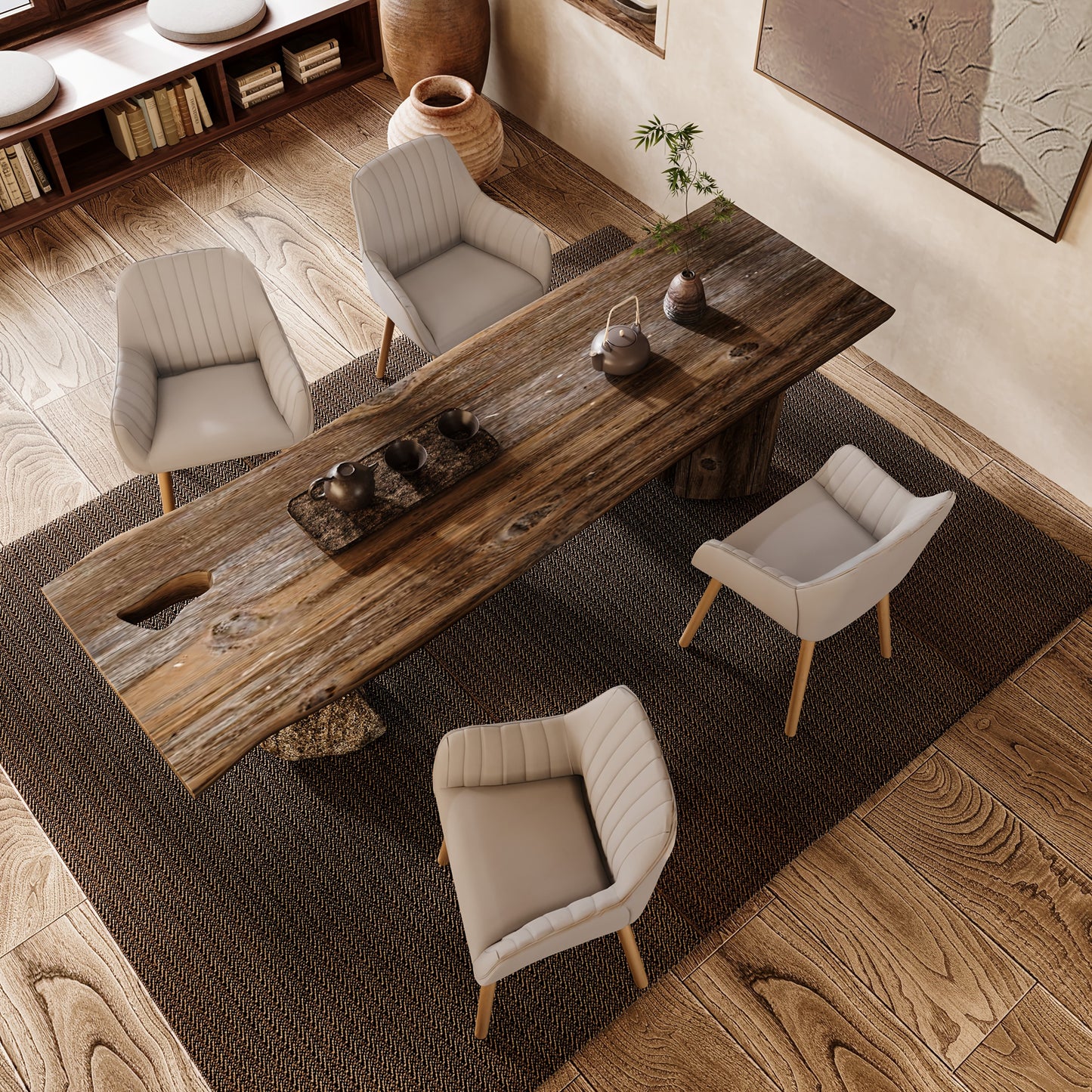 Set van 2/4/6 Minimalistische Eetkamerstoelen – Comfortabele Stoelen met Rugleuning, Armleuningen en Houten Poten – Beige, Voor Eetkamer en Hal