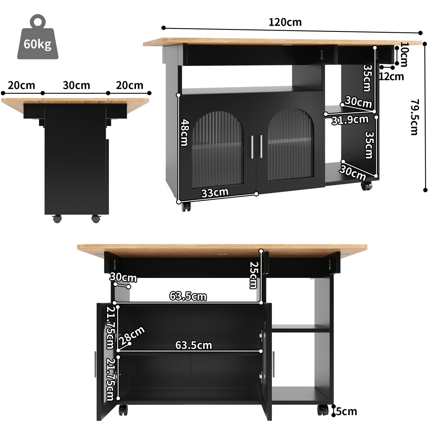 Keukenwagen – Keukentrolley – Serveerwagen – Opbergmeubel – Uitklapbare Tafel – Zwart Hout – Multifunctioneel Met 5 Wieltjes – 120x30/70x79,5 cm