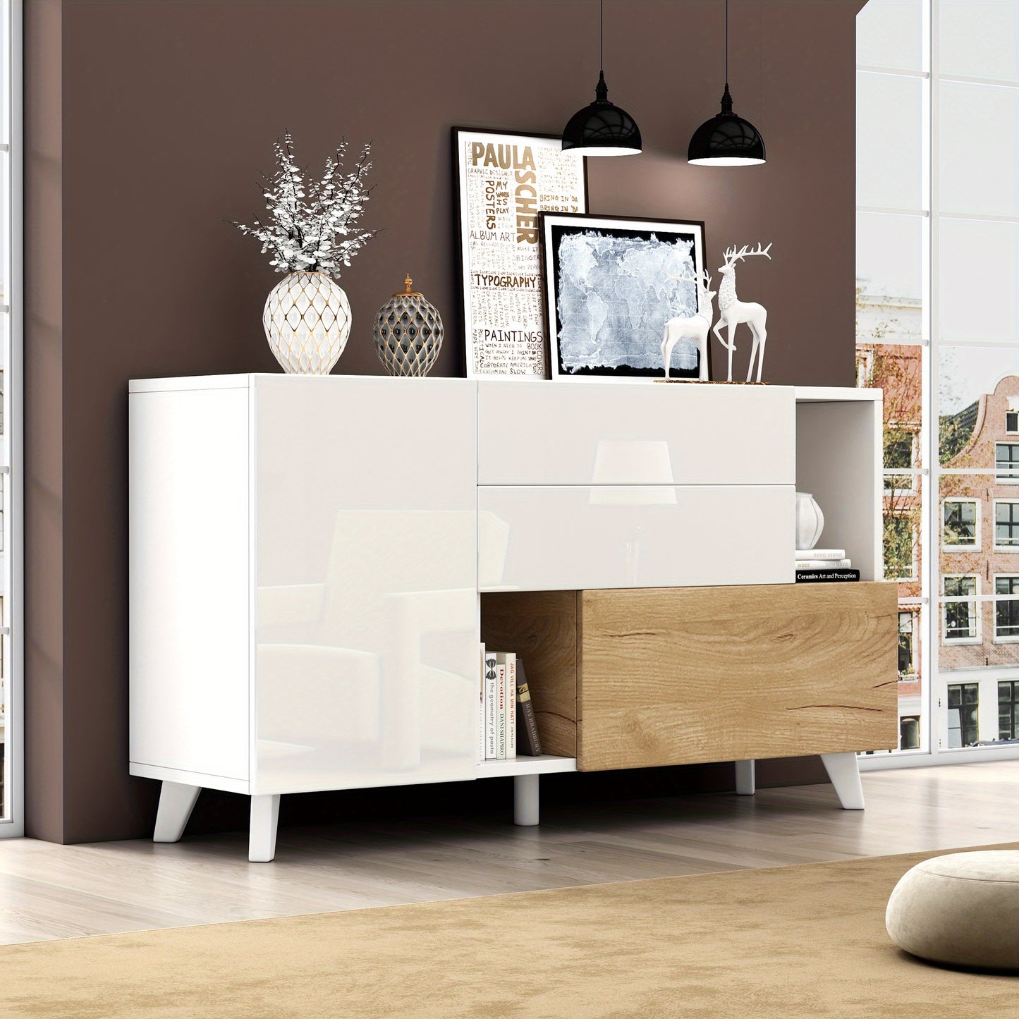 Storage Cabinet, Storage Cabinet, Large Storage Space High Gloss White Log Colour Sideboard, Modern Living Room Cabinet, 130*40*70Cm