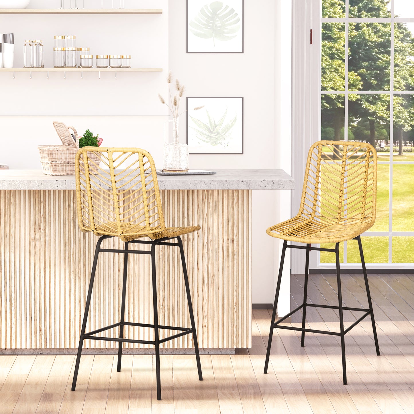 Barstoel Set – Barkruk – Keukenkruk – Counterstoel – Zithoek Stoel – Geel PE-Rattan – Stalen Frame – Voetsteun – 42,5x52x102 cm – Boho Design