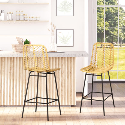 Barstoel Set – Barkruk – Keukenkruk – Counterstoel – Zithoek Stoel – Geel PE-Rattan – Stalen Frame – Voetsteun – 42,5x52x102 cm – Boho Design