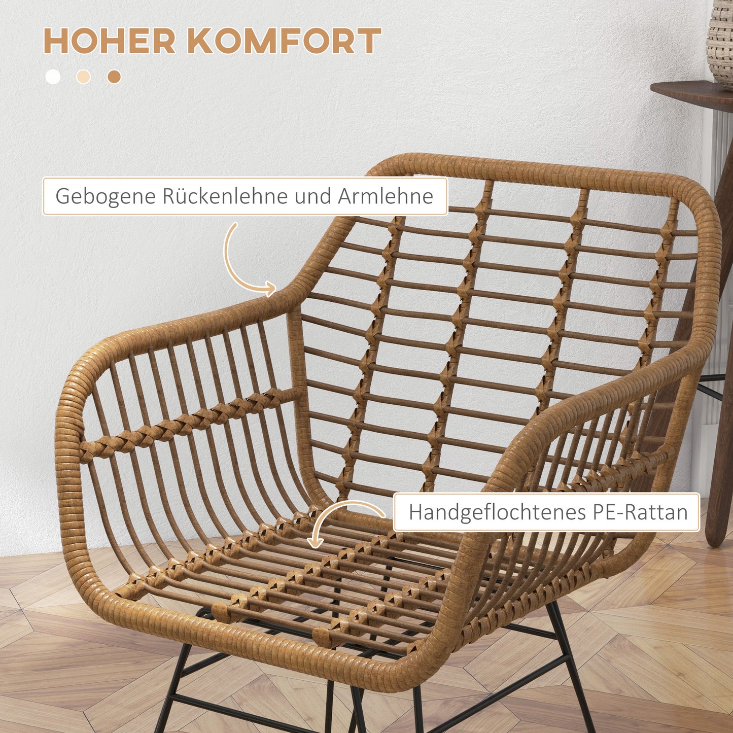 Eetkamerstoel – Keukenstoel – Bistrostoel – Rattan Stoel – Boho Stoel – PE Rattan Materiaal – Stevig Zwart Frame – Set Van 2 – Natuurlijk Bruin