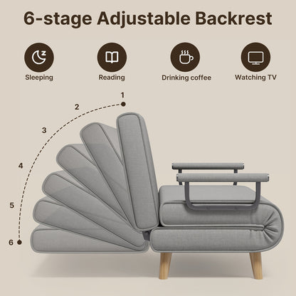 Bankbed – Slaapbank – Sofa – Bedbank – Ligstoel – 3-in-1 Multifunctioneel – 6-Standen Verstelbare Rugleuning – Massief Houten Frame & Pluche Kussens