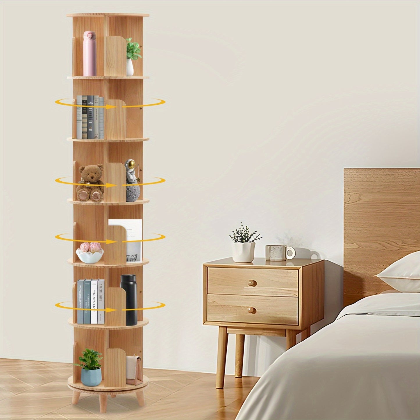 6-laags Draaibare Boekenplank – Draaiplank – Boekenkast – Opbergkast – Boekenrek – Massief Hout – 193 cm Hoog – 360 Graden Draaibaar