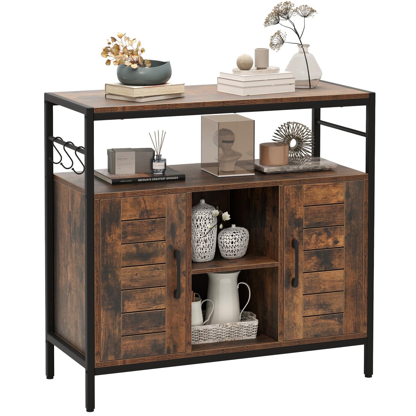 Houten Dressoir – Sideboard – Keukenkast – Buffetkast – Opbergkast – Industrieel – Verstelbare Planken – Inclusief 3 Haken – Bruin Zwart
