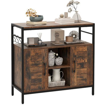 Houten Dressoir – Sideboard – Keukenkast – Buffetkast – Opbergkast – Industrieel – Verstelbare Planken – Inclusief 3 Haken – Bruin Zwart