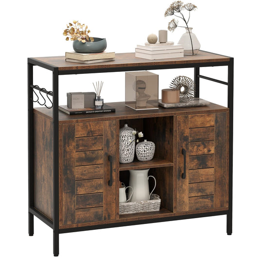 Houten Dressoir – Sideboard – Keukenkast – Buffetkast – Opbergkast – Industrieel – Verstelbare Planken – Inclusief 3 Haken – Bruin Zwart
