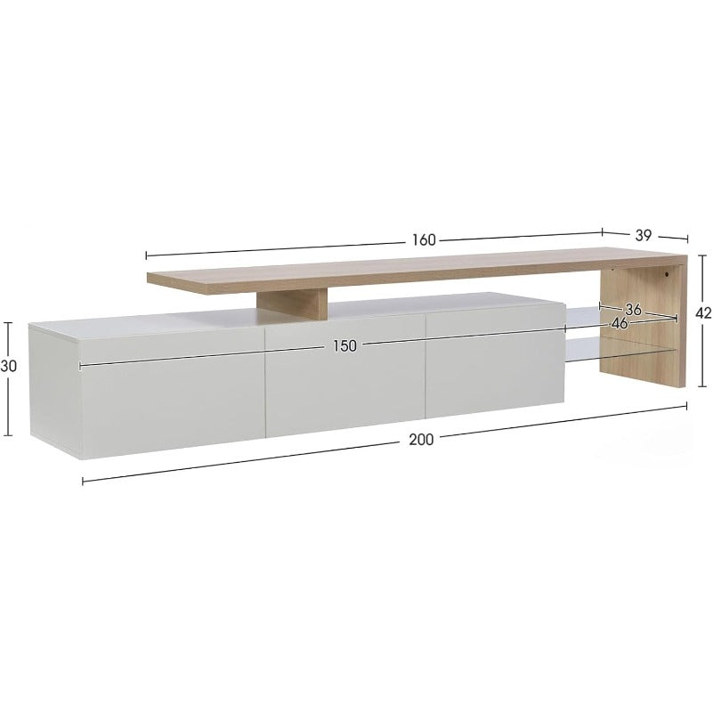 TV-Meubel – TV-Kast – TV-Standaard – TV-Lowboard – Entertainmentmeubel – 200 x 39 x 42 cm – Drie lades en instelbare LED-achtergrondverlichting