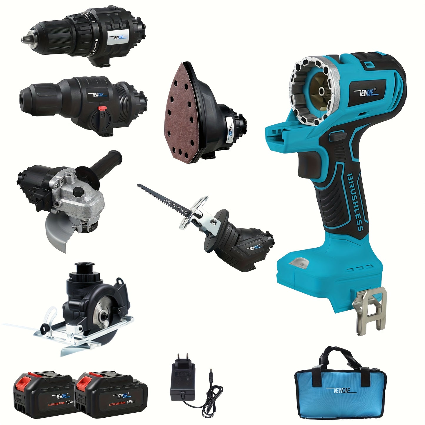 Brushless Multifunctional N-in-1 Electric Tool Combination Package, Accessories: Electric Drill, Electric Hammer, Wrench, M14 Angle Grinder, 85mm Circular Saw, Reciprocating Saw, Sanding Machine. Portable LED Lights. Multiple