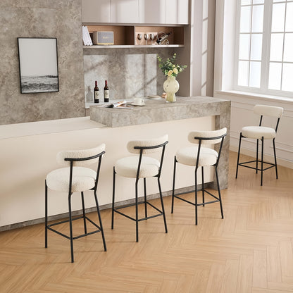 Set of 2 Modern Counter Height Bar Stools with Upholstered Boucle Seats & Backrests - Heavy-Duty Metal Frame, 136.08KG Weight Capacity, Black Legs & White Cushioned Seating - Easy Assembly, Contemporary Kitchen Island Chairs