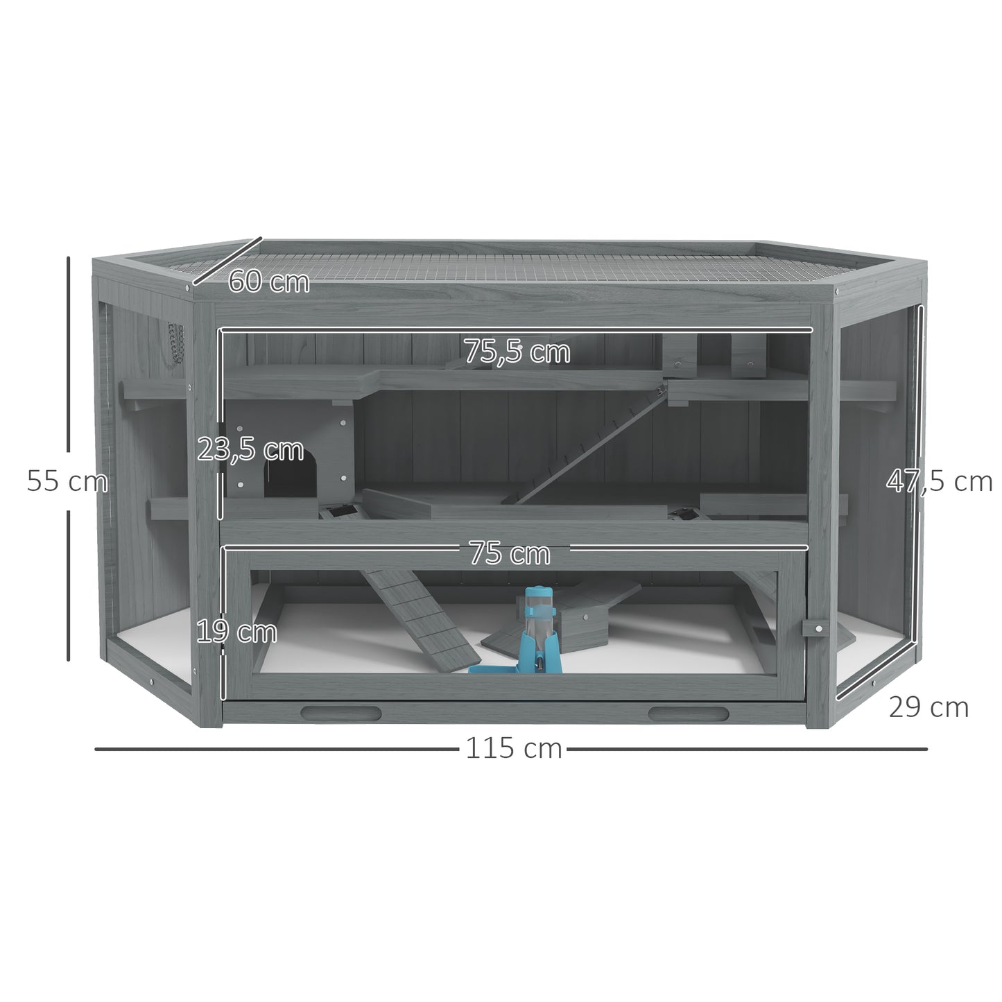 Hamsterkooi – Knaagdierkooi – Hamsterbench – Dierenkooi – Knaagdierverblijf – 3-laags Indeling – Uitneembare Bodemlade – Grijs Hout/Metaal – 115x60x55 cm