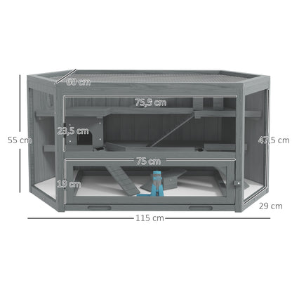 Hamsterkooi – Knaagdierkooi – Hamsterbench – Dierenkooi – Knaagdierverblijf – 3-laags Indeling – Uitneembare Bodemlade – Grijs Hout/Metaal – 115x60x55 cm