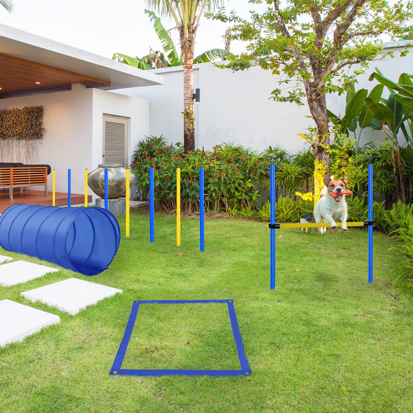 Agility Set Hond – Behendigheidstraining – Hindernissen – Slalomstok – Tunnel – Blauw-Geel – Verstelbare Spronghoogte – Lichtgewicht PE en Polyester