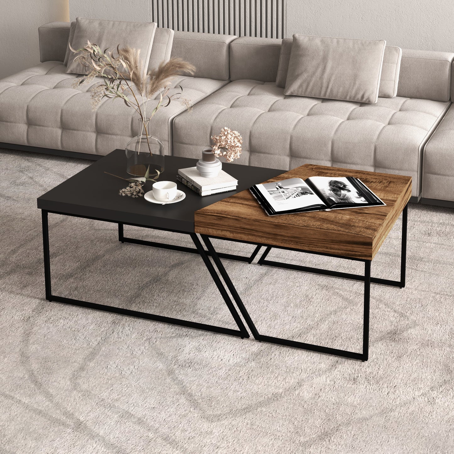 Salontafel Set – Bijzettafel – Koffietafel – Woonkamertafel – Tafeltje – Industrieel Design – Stalen Poten – Zwart – Set Van 2 – Multifunctioneel Gebruik