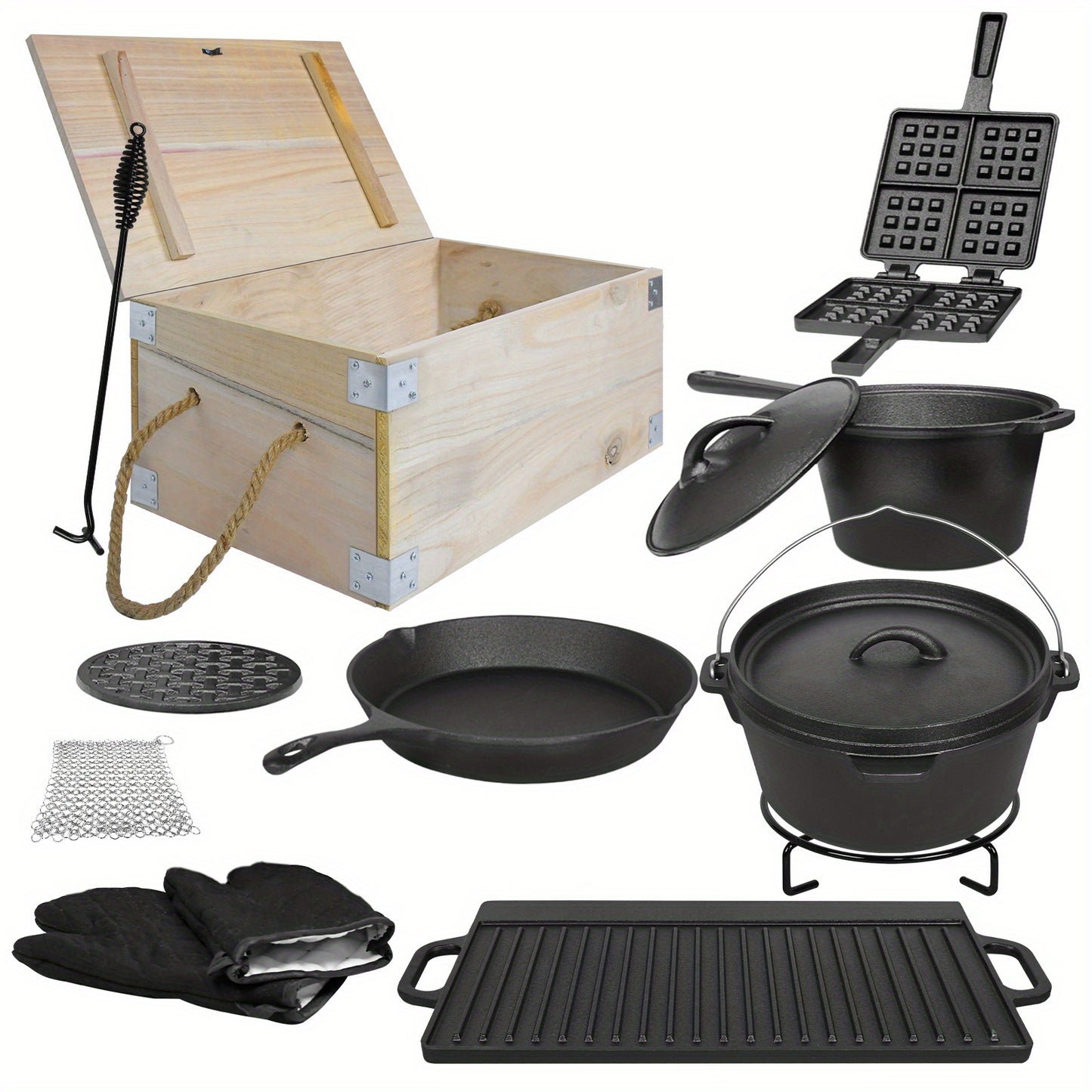 Dutch Oven Set – Gietijzeren Braadpan – Outdoor Kookset – Camping Kookgerei – Stoofpan Set – Inclusief Deksel En Poten – Duurzaam Gietijzer