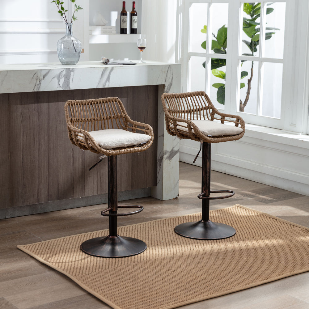 Barstoel – Barkruk – Barkrukken – Barstoelen – Keukenstoel – Verstelbare Hoogte – Beige Linnen Kussen – Zwarte Metalen Poot – Set Van 2 – Met Voetsteun – Direct Gebruiksklaar