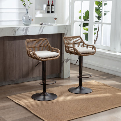 Barstoel – Barkruk – Barkrukken – Barstoelen – Keukenstoel – Verstelbare Hoogte – Beige Linnen Kussen – Zwarte Metalen Poot – Set Van 2 – Met Voetsteun – Direct Gebruiksklaar