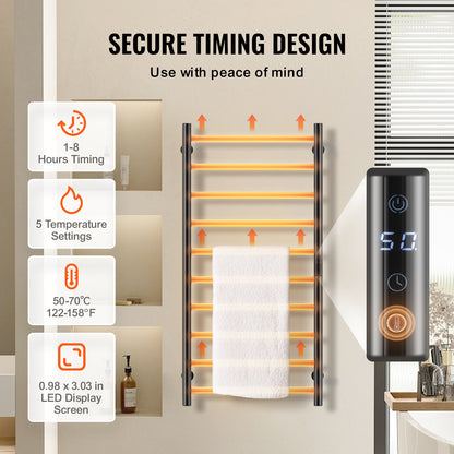 Elektrische Handdoekwarmer – Handdoekradiator – Handdoekdroger – Badkamerradiator – Wandmontage – Mat Zwart – 10 Stangen – Instelbare Timer & 5 Warmtestanden