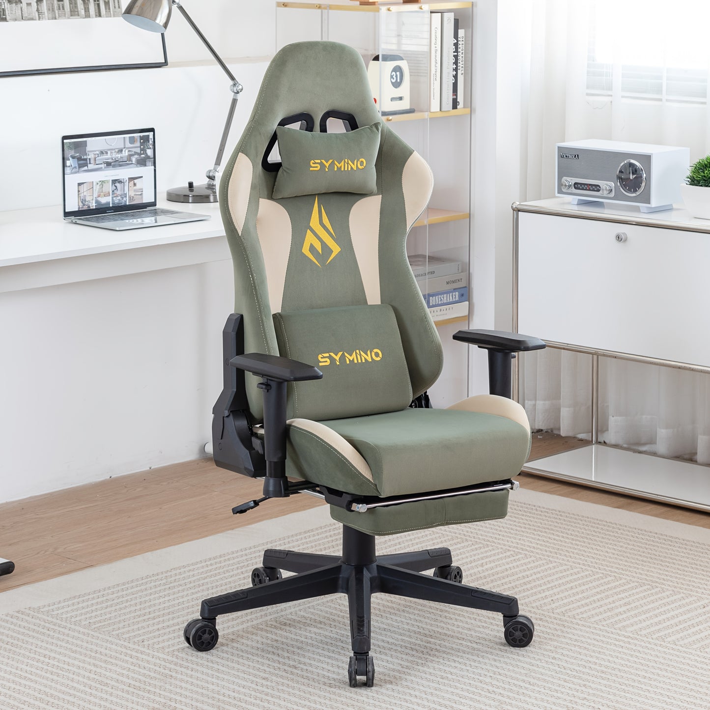 Gamingstoel – Gamestoel – Gaming Chair – Bureaustoel – Game Stoel – Verstelbare Rugleuning 90-167° – Ergonomische Lenden- en Hoofdsteun – Luxe Faux Suede Groen/Beige – Met Voetensteun – Stabiel Metaalframe – Geschikt Voor Harde Vloeren