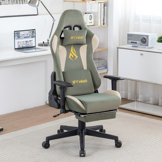 Gamingstoel – Gamestoel – Gaming Chair – Bureaustoel – Game Stoel – Verstelbare Rugleuning 90-167° – Ergonomische Lenden- en Hoofdsteun – Luxe Faux Suede Groen/Beige – Met Voetensteun – Stabiel Metaalframe – Geschikt Voor Harde Vloeren