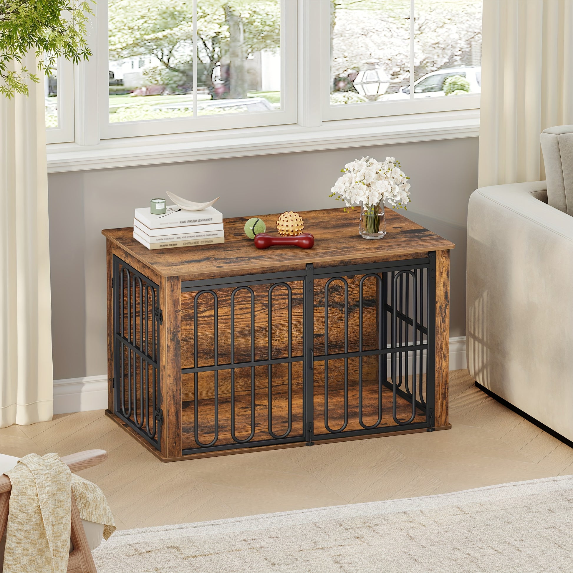 Wooden Dog Cage Furniture, 100cm Household Pet Crate, Double-Door Design with Sliding Door for Small to Medium-Sized Breeds, Includes Sturdy Side Table - 60 × 100× 62.4cm in White and Brown, Extra Large Dog Crate Furniture, - QUORE