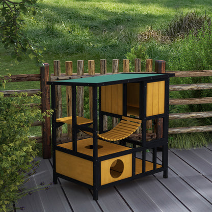 Kattenhuis – Kattenhok – Kattenverblijf – Kattenhut – Buitenhuis – Weerbestendig Hout – Speelplatform & Loopbrug – Groen + Nature – 84,5 x 60 x 88 cm