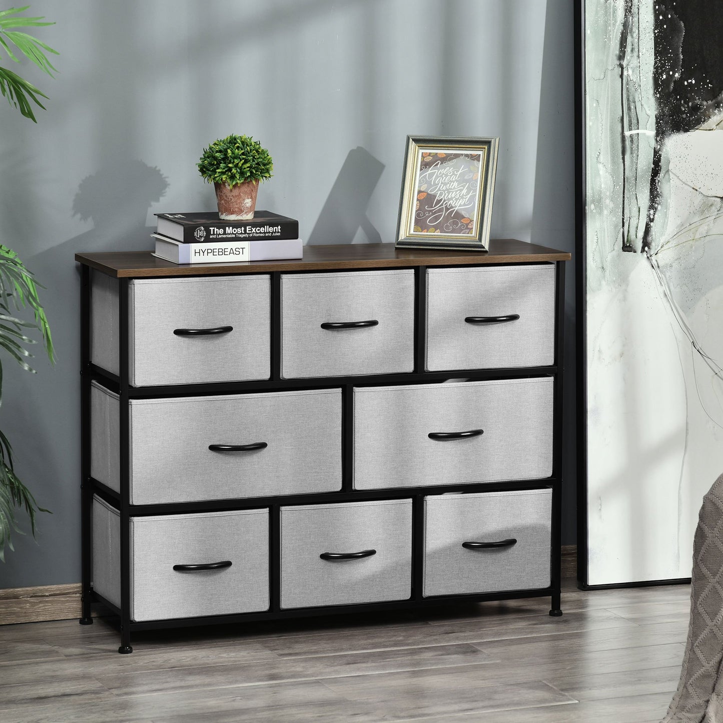 Opbergkast – Dressoir – Kast – Ladeblok – Stoffen Lades – Grijs – Compact Hoog Design – Metalen Frame & MDF Bovenblad