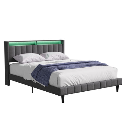 Bedden – Tweepersoonsbed – Gestoffeerd Bed – Slaapbed – Bedframe – 140x200 cm – USB Oplaadpunt – LED Verlichting