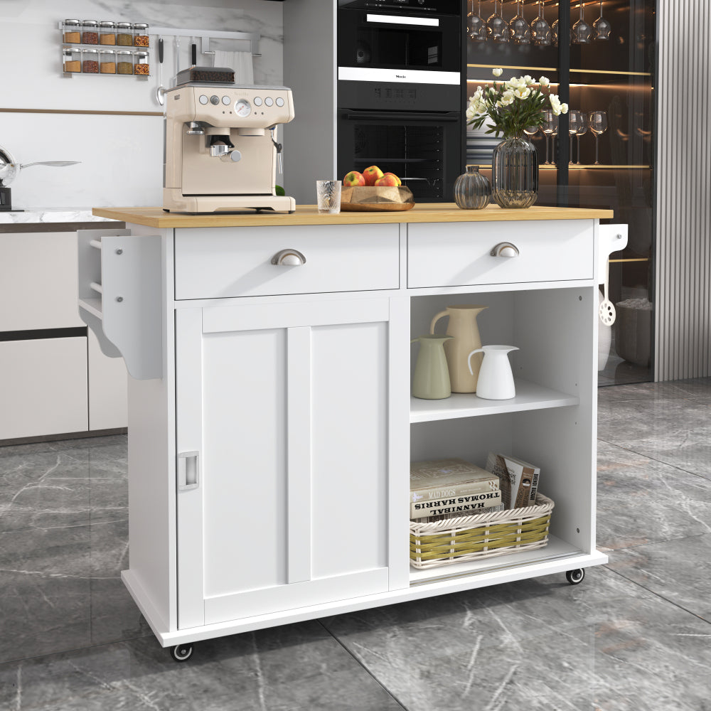 Keukenwagen – Keukentrolley – Serveerwagen – Bijzettafel – Opbergmeubel – Wit – Inklapbaar Werkblad – Zwenkwieltjes Met Houtlook Blad