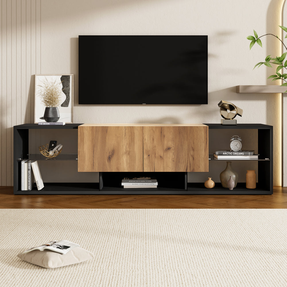 Three-tier TV Stand | Suitable for TVs up to 177.8 cm, Modern Style, Glass Top Storage Platform, Two Drawers, Ideal for Living Rooms and Bedrooms, Black, Metal Material