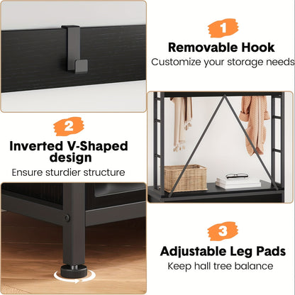 Industrial 5-in-1 Hall Tree with Bench - Black Hardwood & Metal Entryway Organizer, 136.08KG Capacity Coat Rack with Shoe Storage Cubbies, Hooks, Shelves & Umbrella Holder for Hallway, Living Room, Closet, Durable Constructio