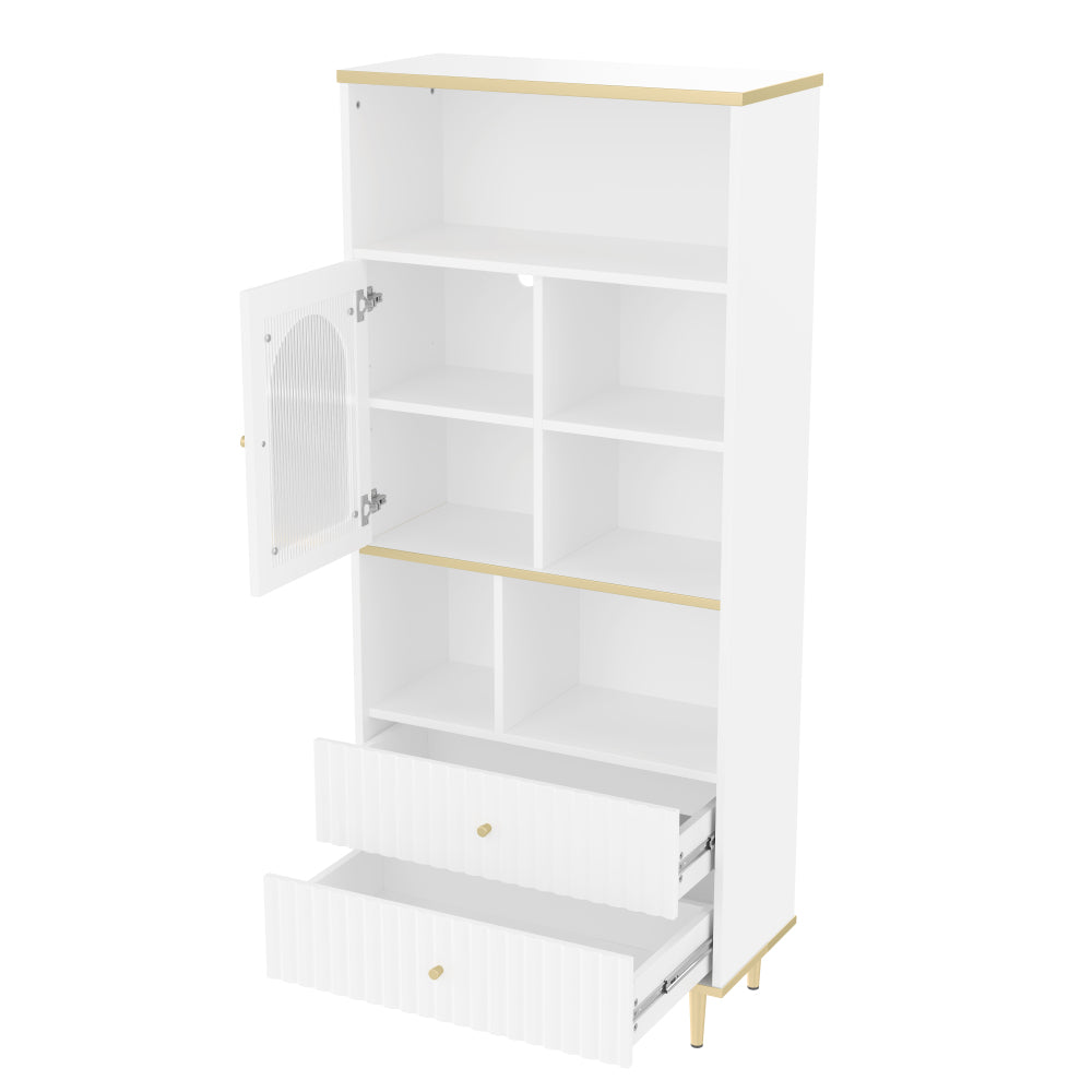 Multifunctionele Kast – Opbergkast – Vitrinekast – Boekenkast – Bergkast – Wit Design – Transparante Glazen Deuren – 2 Geruisloze Lades – 78x36x180 cm