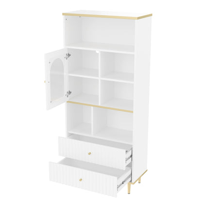 Multifunctionele Kast – Opbergkast – Vitrinekast – Boekenkast – Bergkast – Wit Design – Transparante Glazen Deuren – 2 Geruisloze Lades – 78x36x180 cm