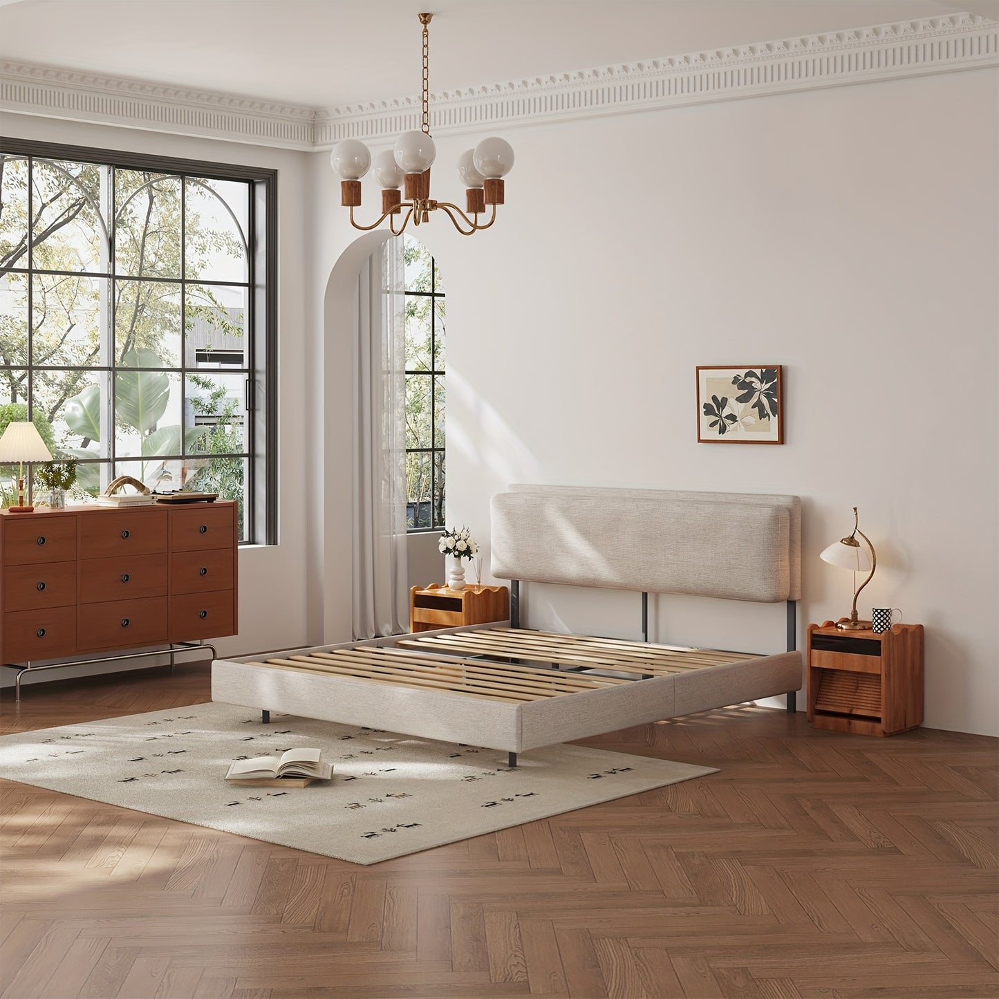 Bedframe – Bedbodem – Ledikant – Tweepersoonsbed – Slaapbank – 180x200 cm – Houtlook Met Metalen Poten – Geen Boxspring Nodig – Eenvoudige Montage – Beige Grijs