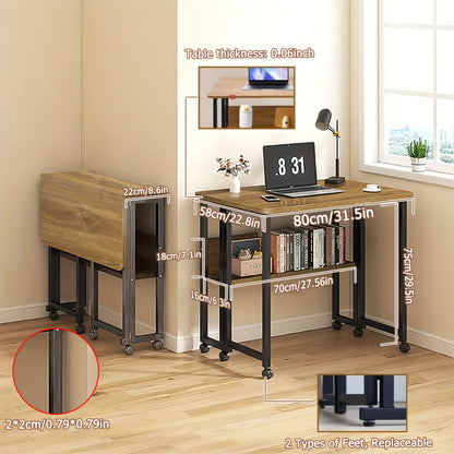 Mobiel Vouwbureau – Compact Bureau – Klein Tafel – Opvouwbare Werktafel – Verplaatsbaar Bureau – Eiken Kleur – 80 cm Breed – Met Wieltjes En Vaste Poot
