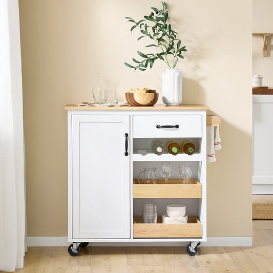 Keukentrolley – Serveerwagen – Opbergrek – Bijzettafel – Keukenwagen – Rubberen Houten Werkblad – Vier Wielen Met Rem – Compact 92x42x87 cm