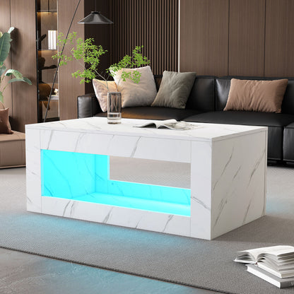 Salontafel – Koffietafel – Woonkamertafel – Bijzettafel – Tafel – Modern Design – Marmerprint Blad Met Blauwe Plank – Direct Gebruiksklaar