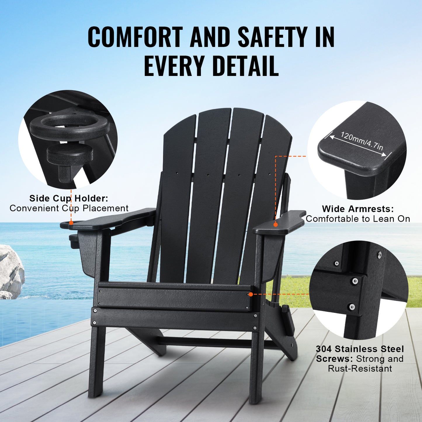Inklapbare Adirondack Tuinstoelen – Tuinstoel, Schommelstoel, Buitenstoel, Campingstoel – Zwart – Weerbestendig HDPE Kunststof – Comfortabel Brede Zitting 105° Rugleuning