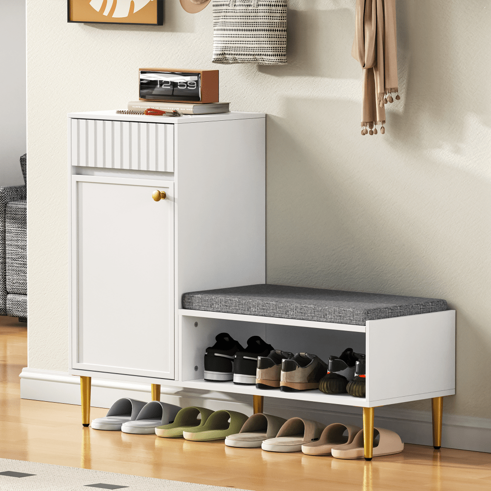 Contemporary Shoe Storage Unit Featuring a Bench, a Door, a Drawer, And an Open Shelf, with a Padded Design; Color: White, Measurements: 100 × 35 × 82.2 Cm (Width × Height × Depth)